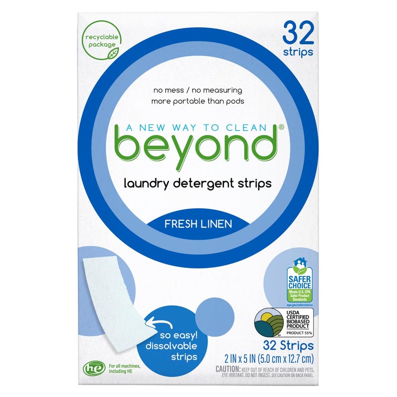Beyond Laundry Detergent Strips [32 strips] - Fresh Linen - Eco-friendly, Hypoallergenic. Travel friendly. Dissolvable Strips. - Image 1